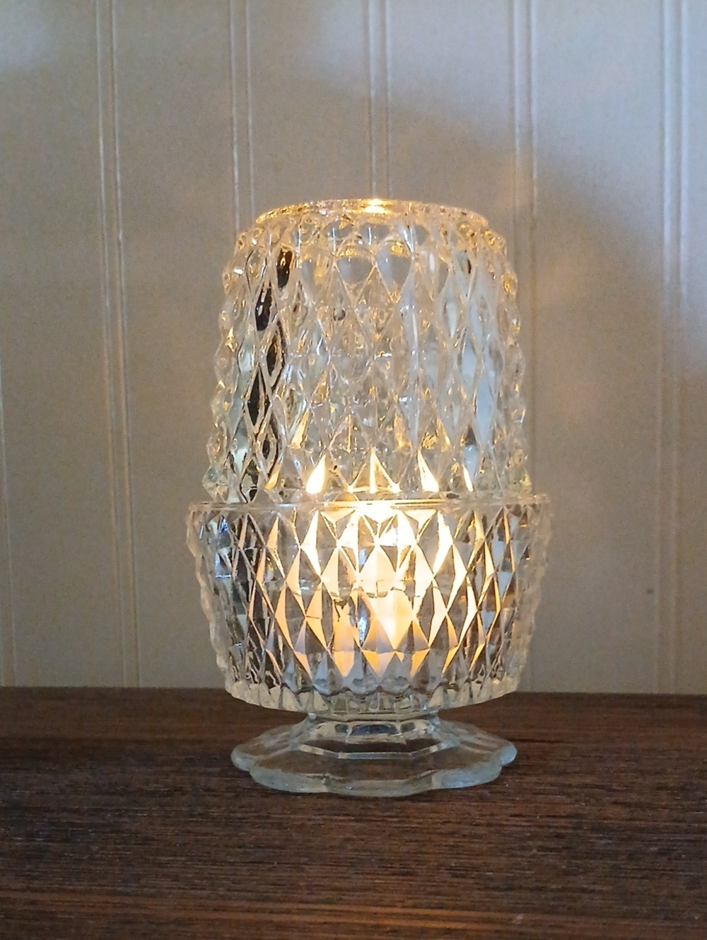 Vintage Indiana Glass Fairy Lamp Clear Diamond Point 2-piece Whimsical